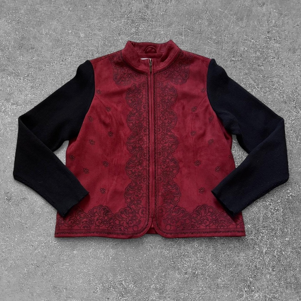 Coldwater Creek Burgundy Black Floral Embroidered Knit Sleeve Jacket Large